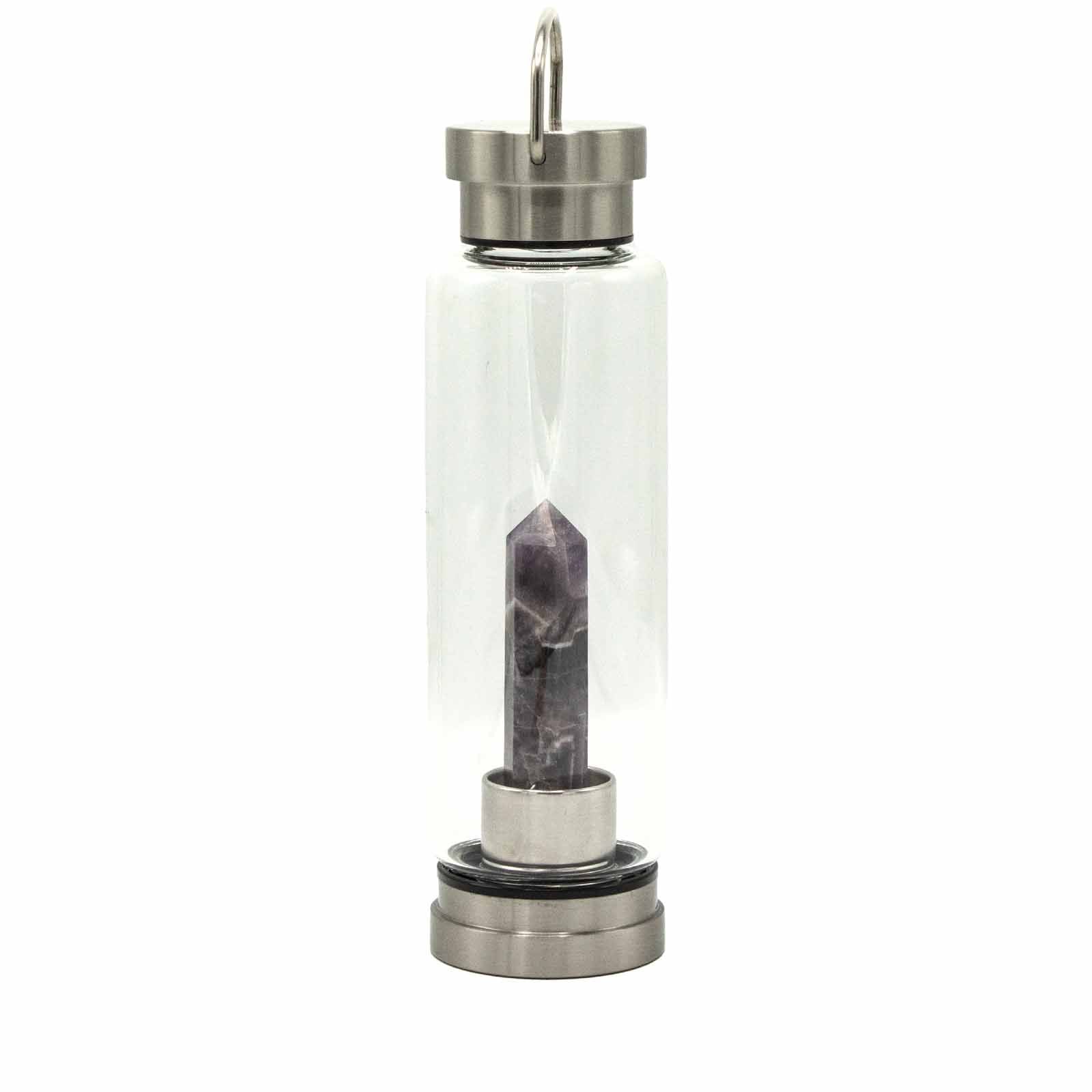 Clear glass bottle with silver cap and purple crystal inside on a white background