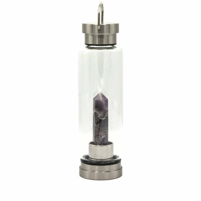 Clear glass bottle with silver cap and purple crystal inside on a white background
