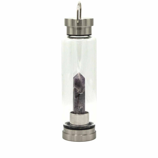 Clear glass bottle with silver cap and purple crystal inside on a white background