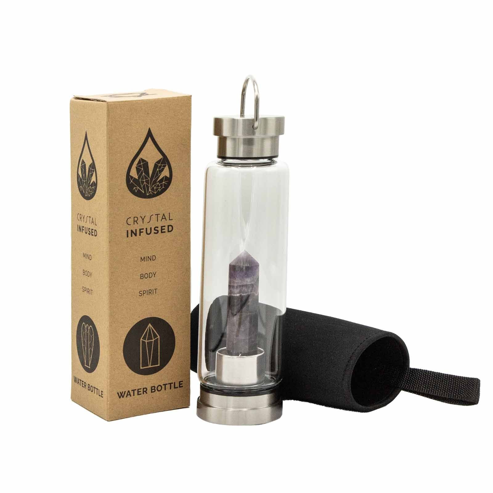 Crystal infused water bottle with packaging on a white background