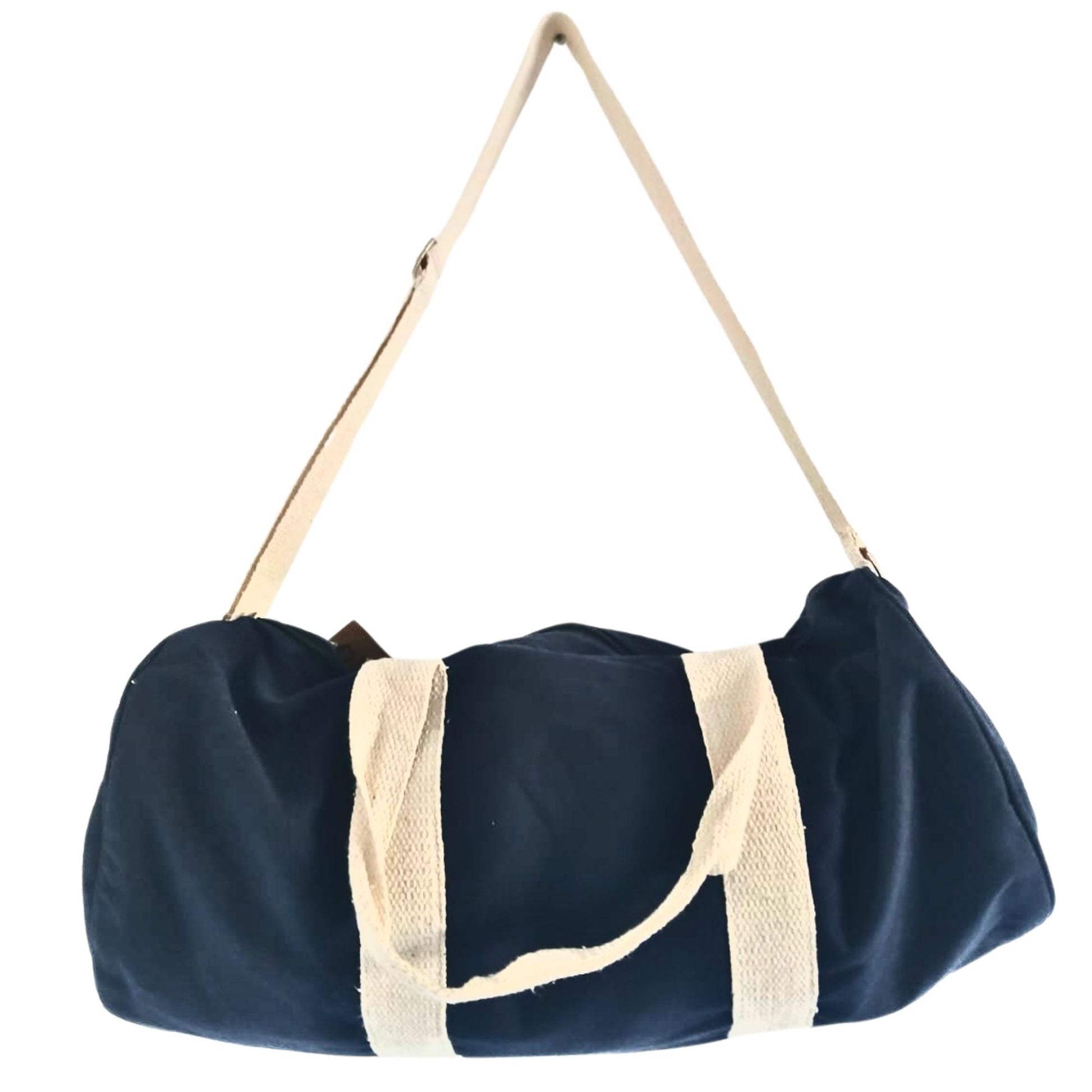 Navy blue duffel bag with beige handles and mesh side pocket on a white background