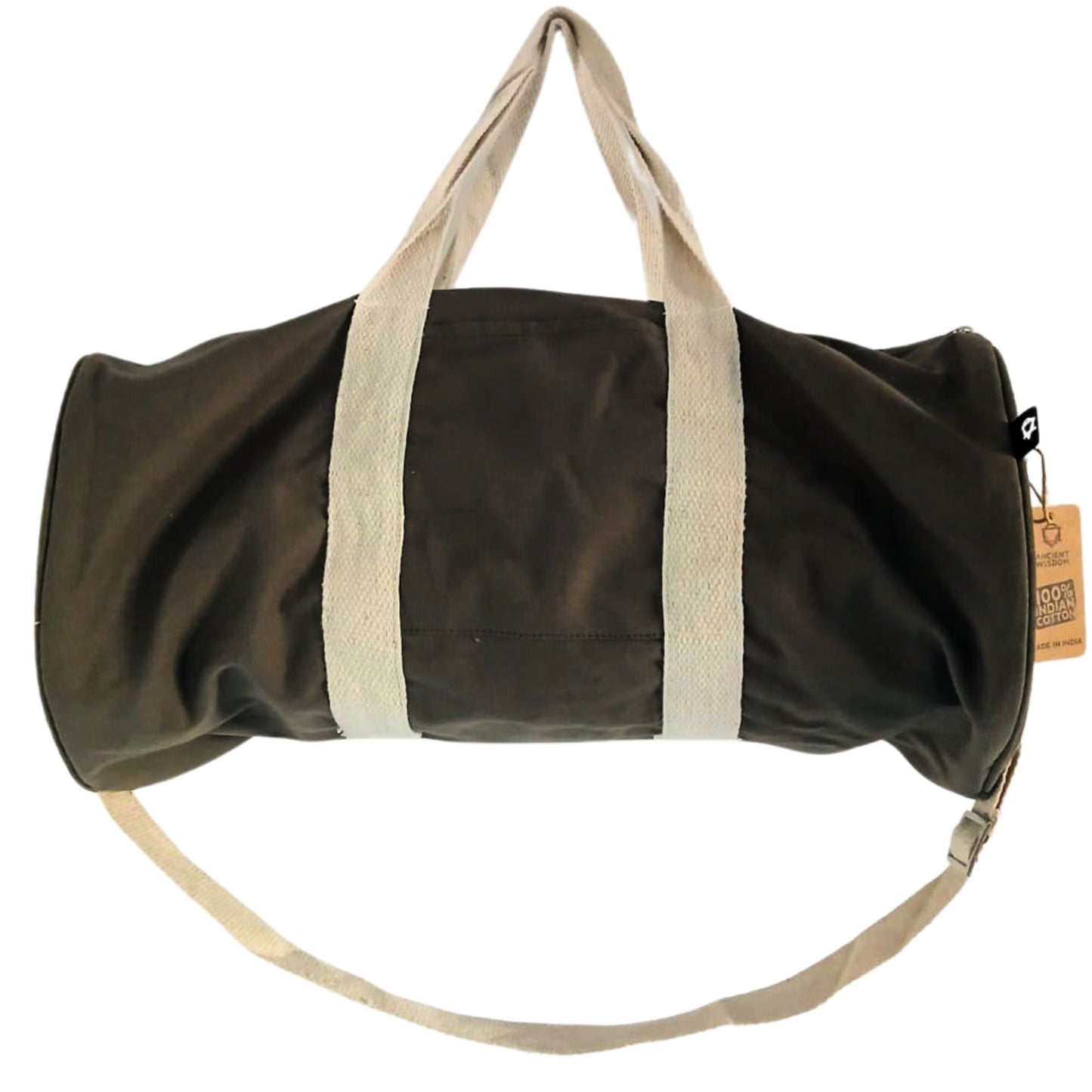 Brown duffel bag with beige handles and strap on a white background