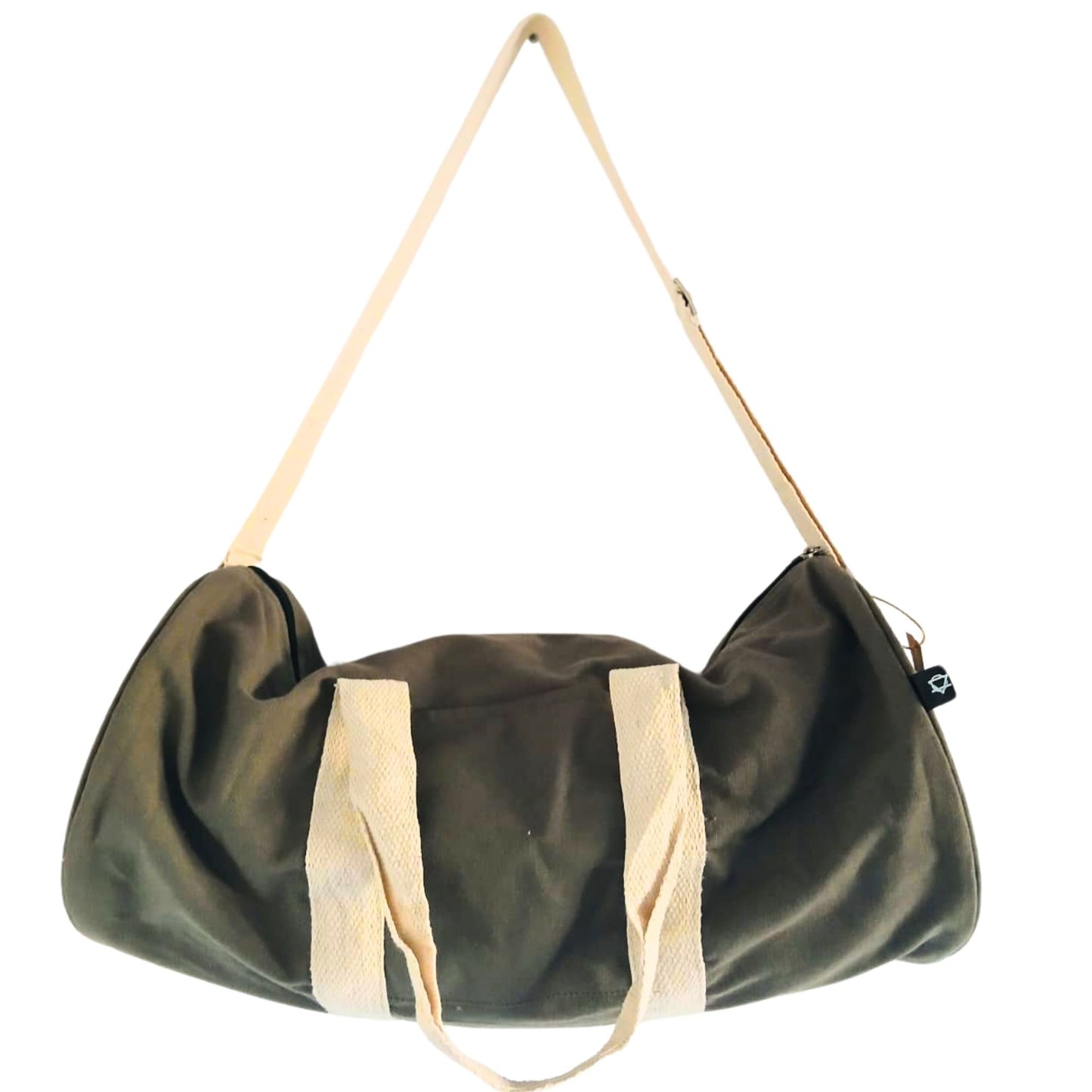 Green duffel bag with beige handles on a white background
