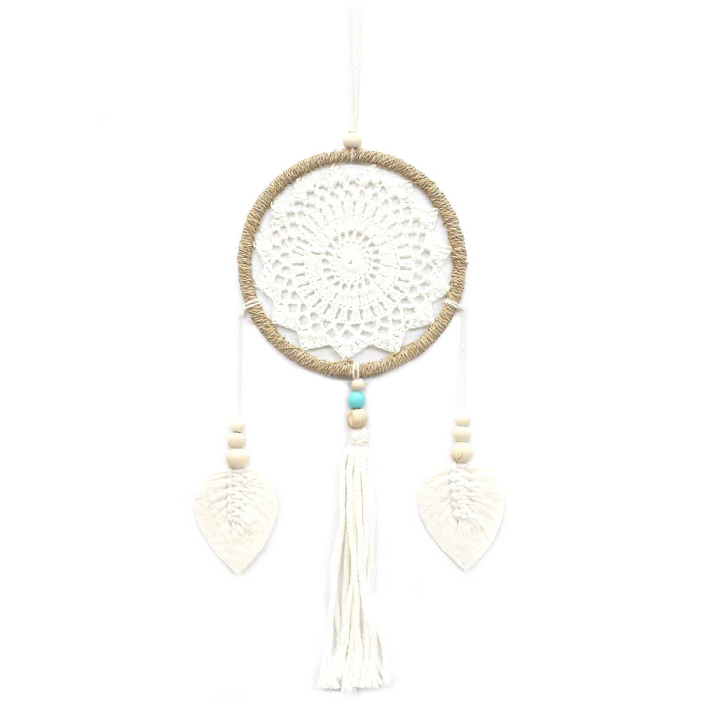 White dreamcatcher with beads on a white background