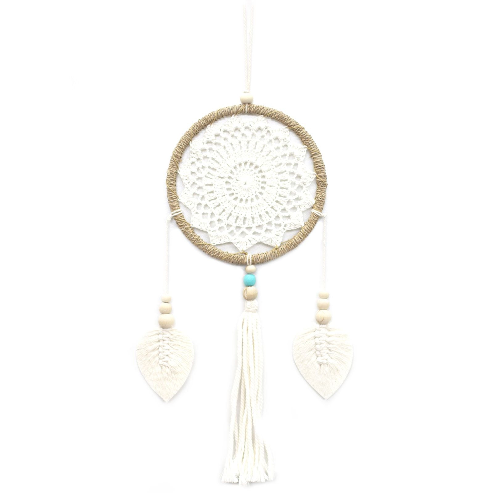 White dreamcatcher with beads on a white background