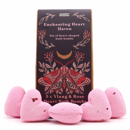 Heart-shaped bath bombs with a decorative box labeled 'Enchanting Heart Haven' on a white background.