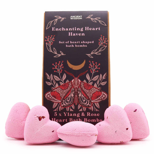 Heart-shaped bath bombs with a decorative box labeled 'Enchanting Heart Haven' on a white background.