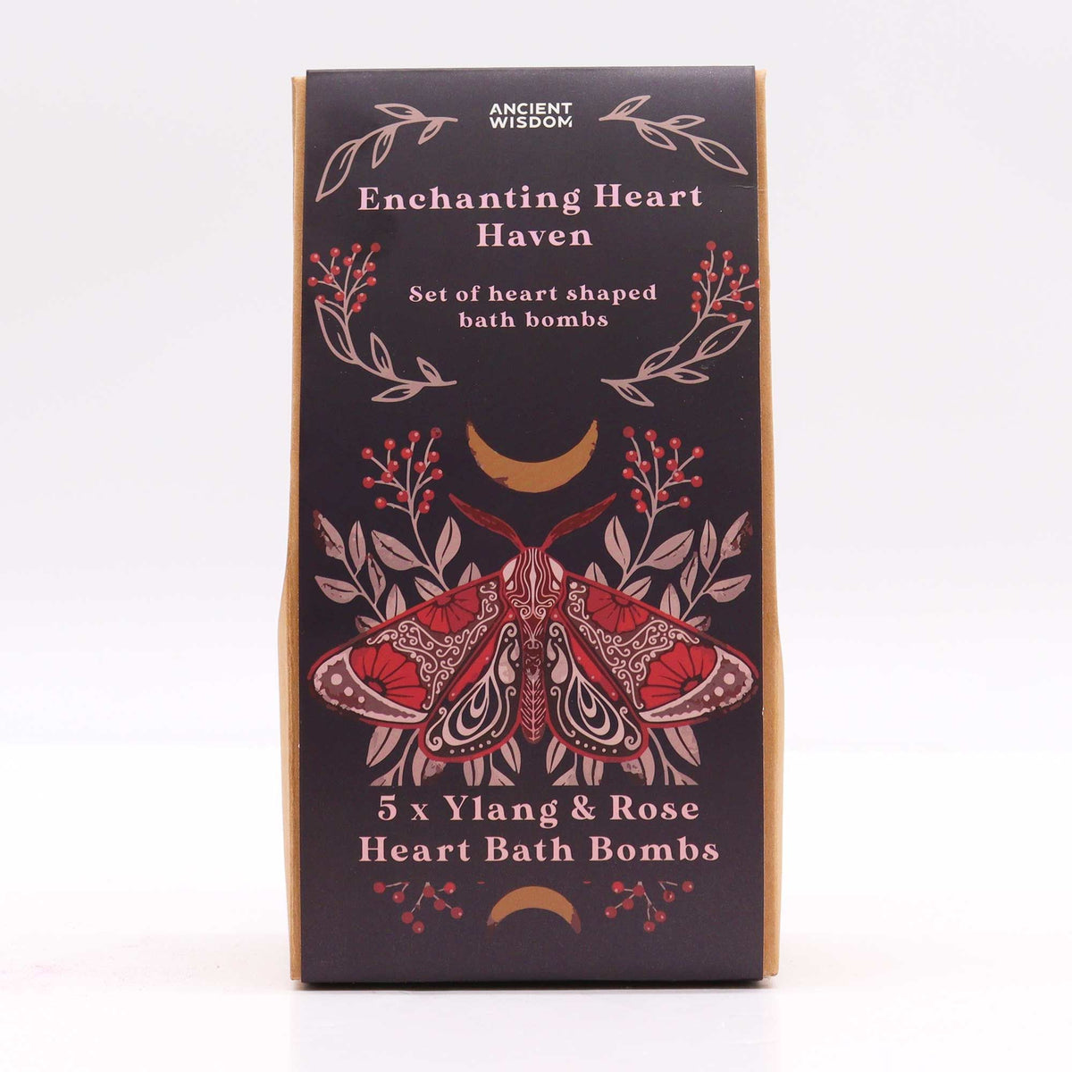 Packaging of 'Enchanting Heart Haven' bath bombs with moth design on a white background