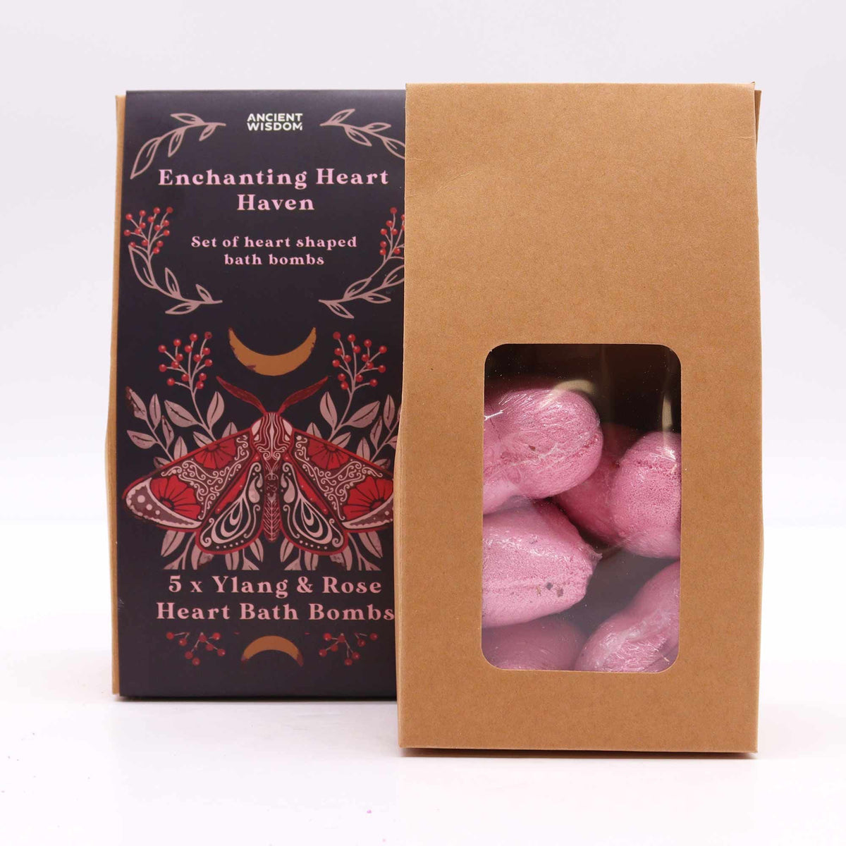 Box of heart-shaped bath bombs with 'Enchanting Heart Haven' packaging on a white background
