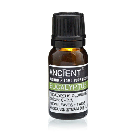 Bottle of Eucalyptus essential oil with a black cap on a white background