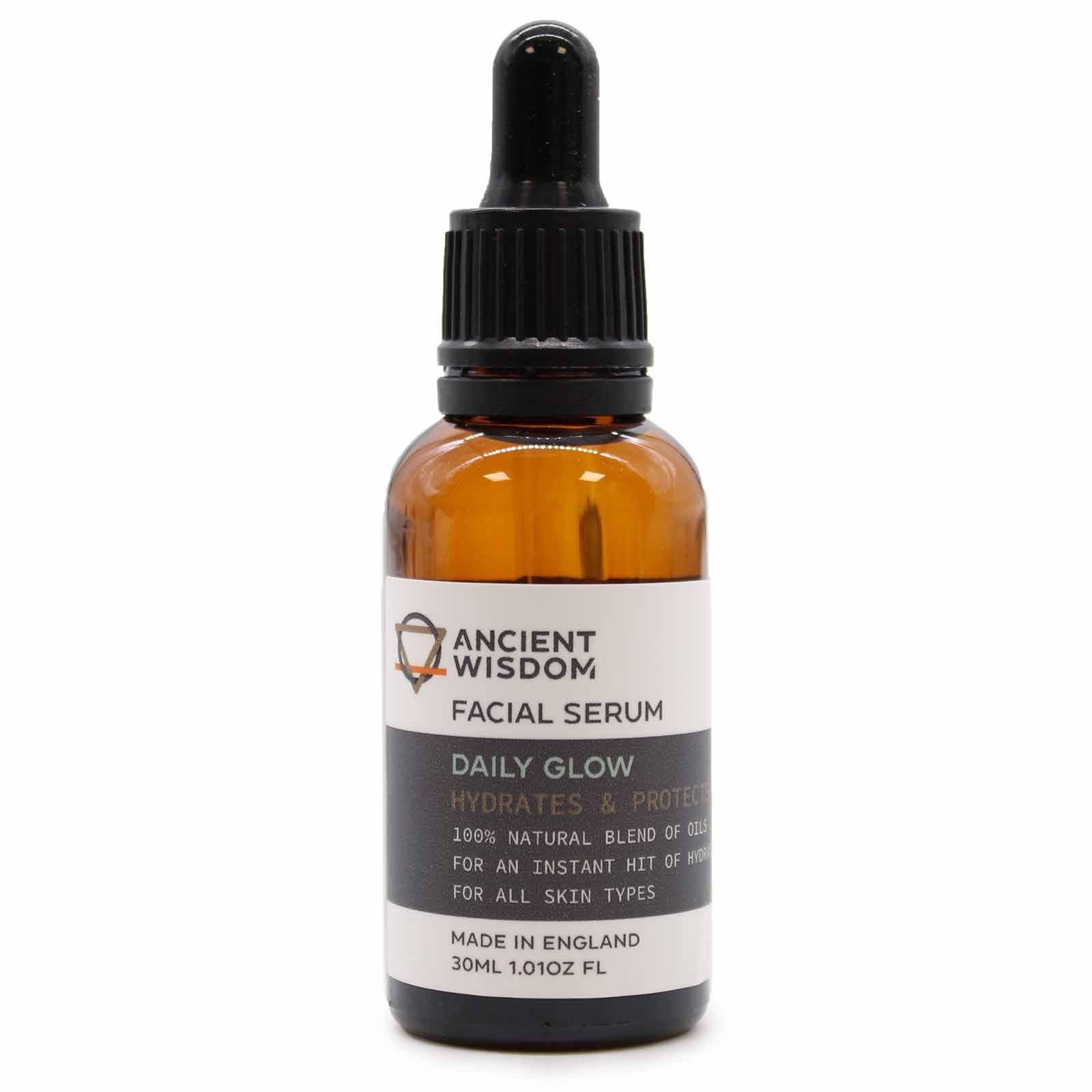 Facial serum bottle labeled 'Ancient Wisdom' on a white background