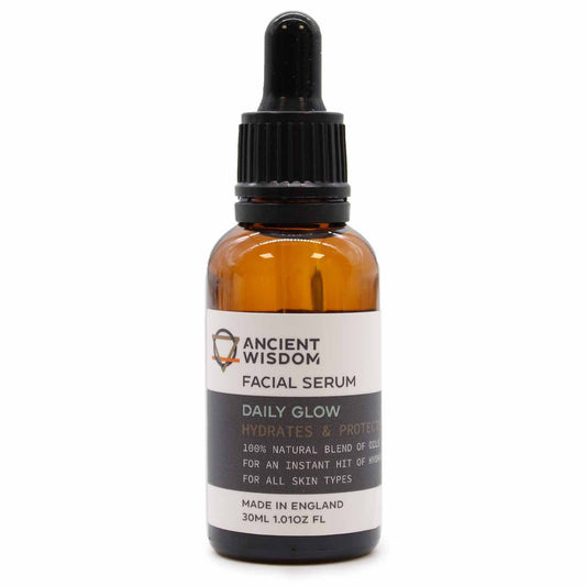 Facial serum bottle labeled 'Ancient Wisdom' on a white background