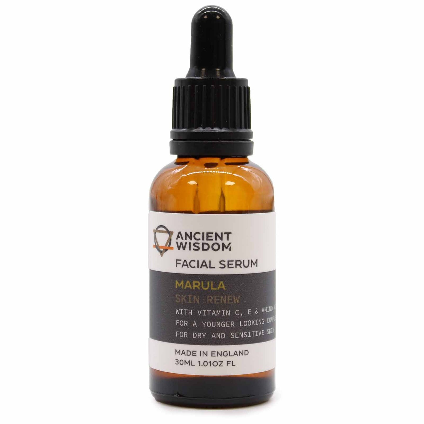 Facial serum bottle with dropper labeled 'Ancient Wisdom' on a white background