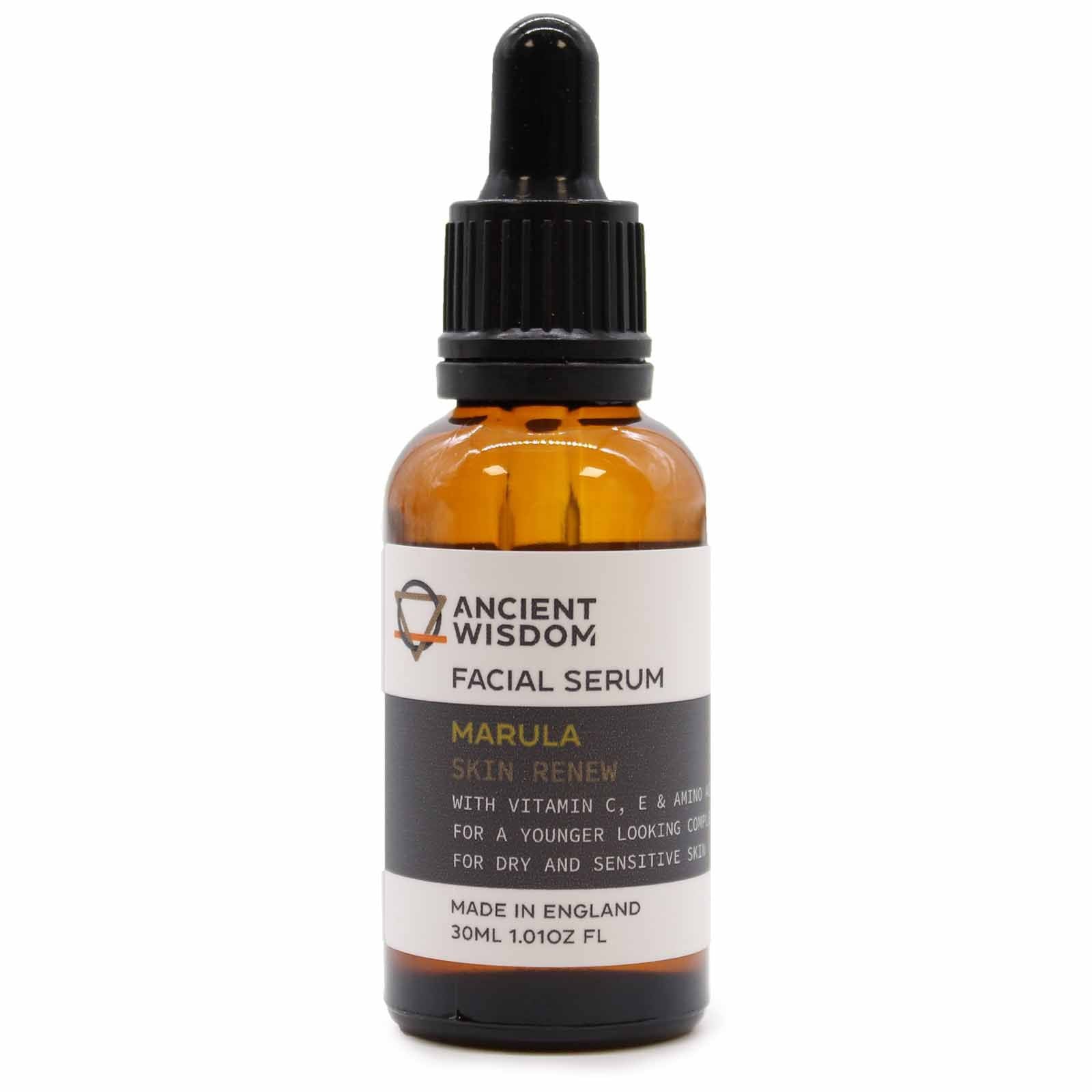 Facial serum bottle with dropper labeled 'Ancient Wisdom' on a white background