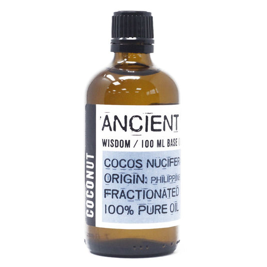 Bottle of coconut oil with a label on a white background