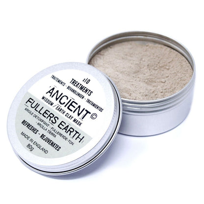 Open container of Ancient Wisdom Fullers Earth clay mask with visible powder inside.