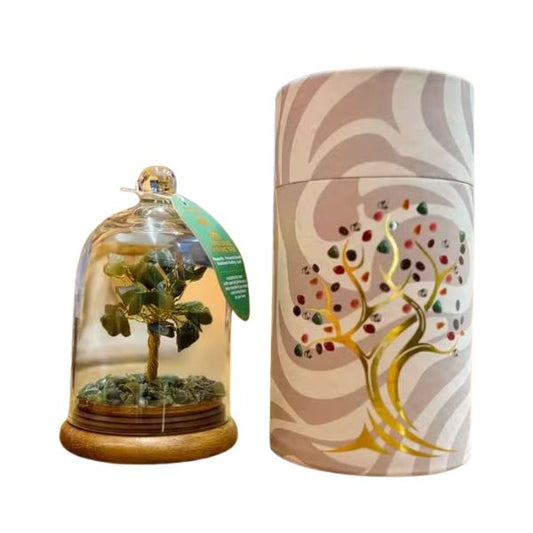Decorative container with a tree design and a small plant inside a glass dome on a white background