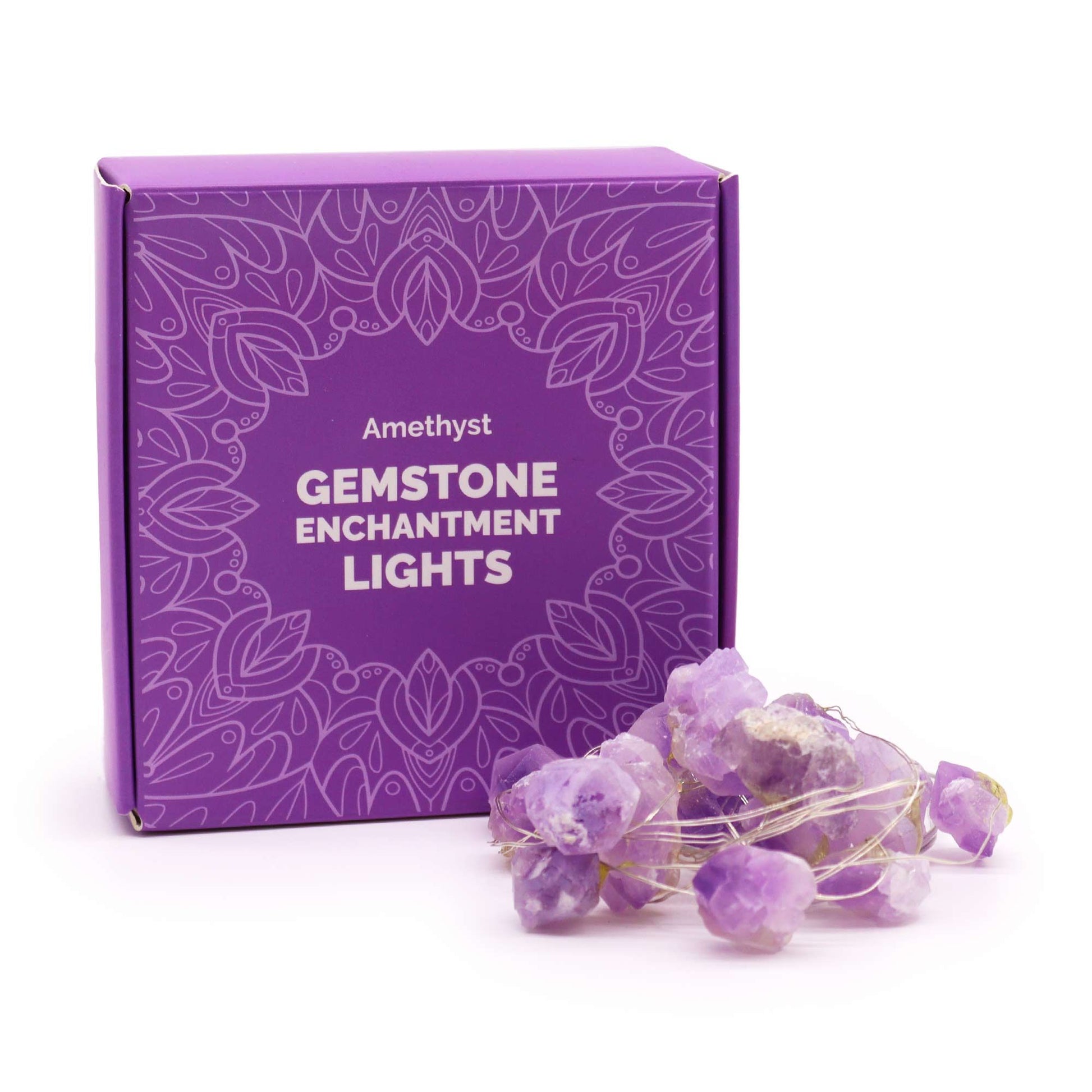 Amethyst gemstone enchantment lights with packaging on a white background