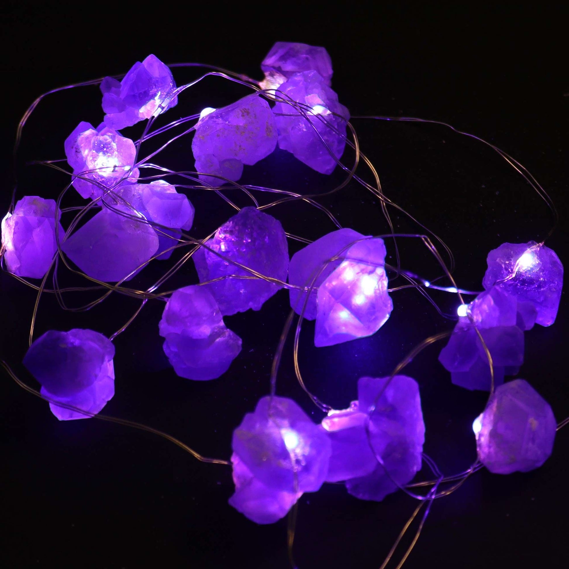 String of purple LED lights shaped like flowers on a black background