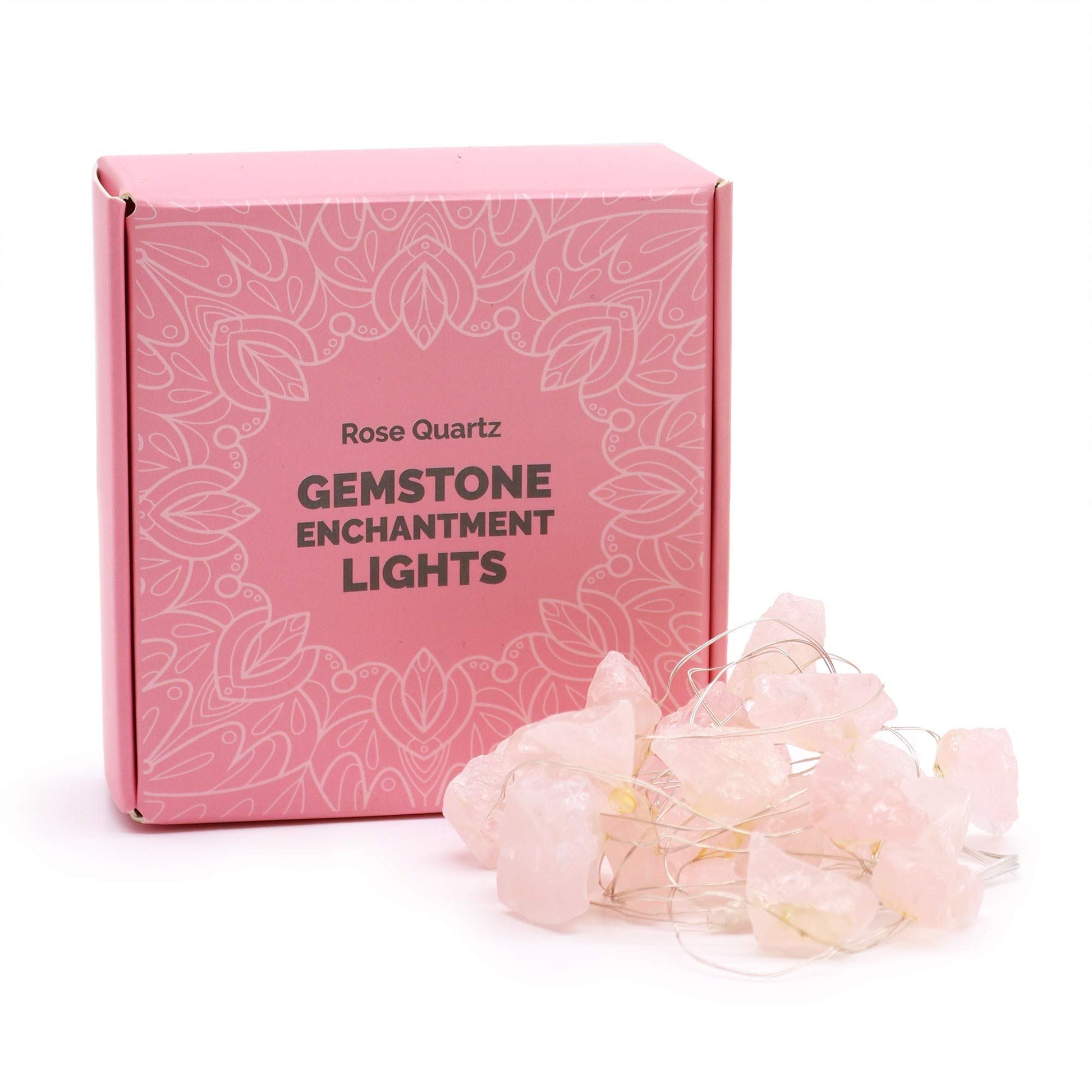 Rose Quartz Gemstone Enchantment Lights with packaging on a white background
