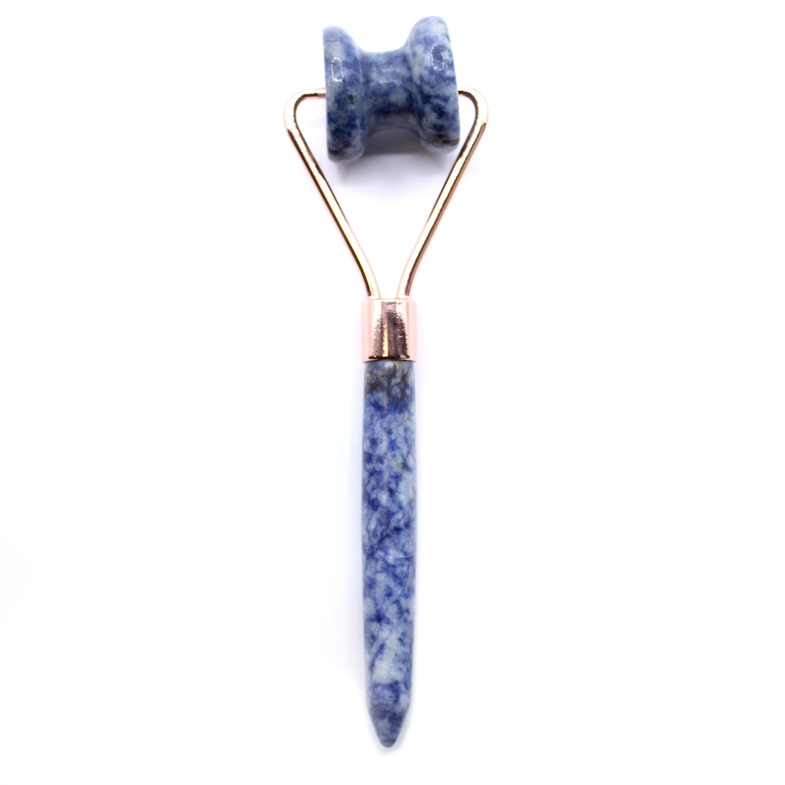 Blue stone facial roller on a white background