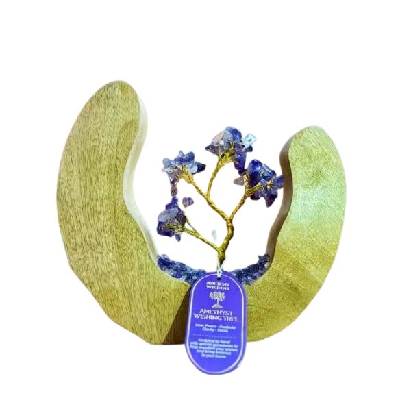 Decorative item with blue flowers and a label on a white background