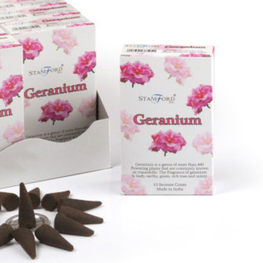 Stamford Geranium incense cones packaging on a white background