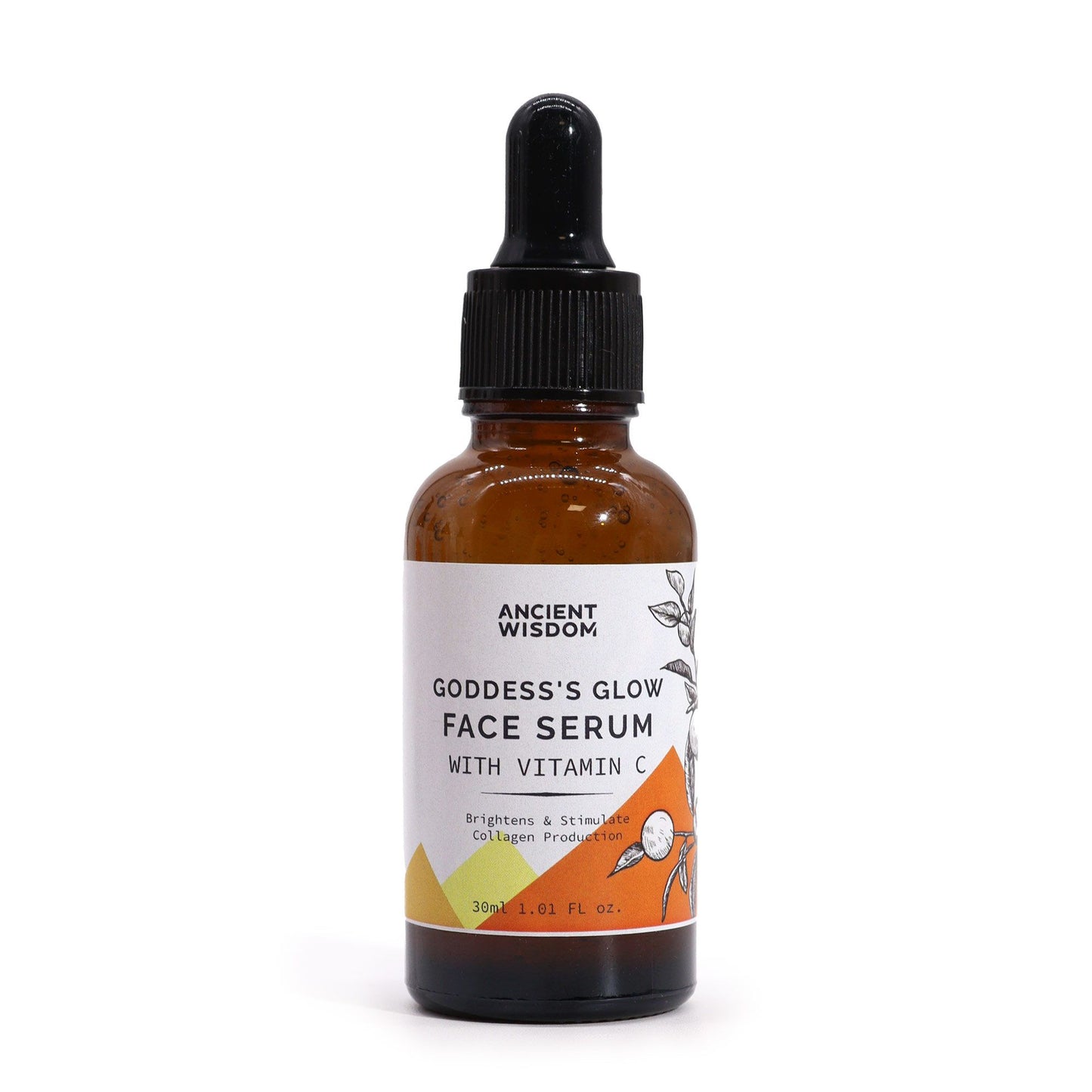 Brown glass bottle of 'Goddess's Glow Face Serum with Vitamin C' on a white background