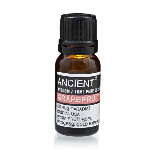 Grapefruit essential oil bottle with label on a white background