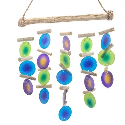 Bring a touch of natural elegance to your space with this handcrafted Green and Purple Driftwood Chime, made by small family businesses in Bali.