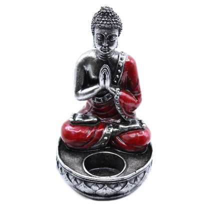 Hand Painted Buddha Candle Holder in Red. Expertly crafted from durable resin and beautifully hand-painted by skilled Balinese artisans, 