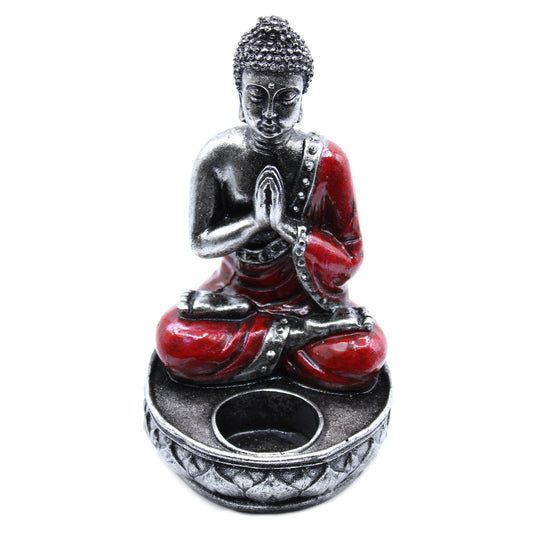 Hand Painted Buddha Candle Holder in Red. Expertly crafted from durable resin and beautifully hand-painted by skilled Balinese artisans, 