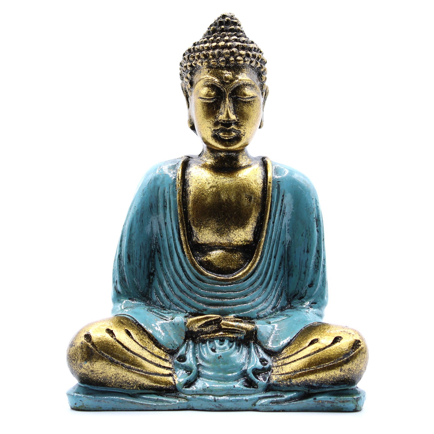 Add a touch of peace and serenity to your space with this exquisite Hand Painted Teal &amp; Gold Buddha Statue.