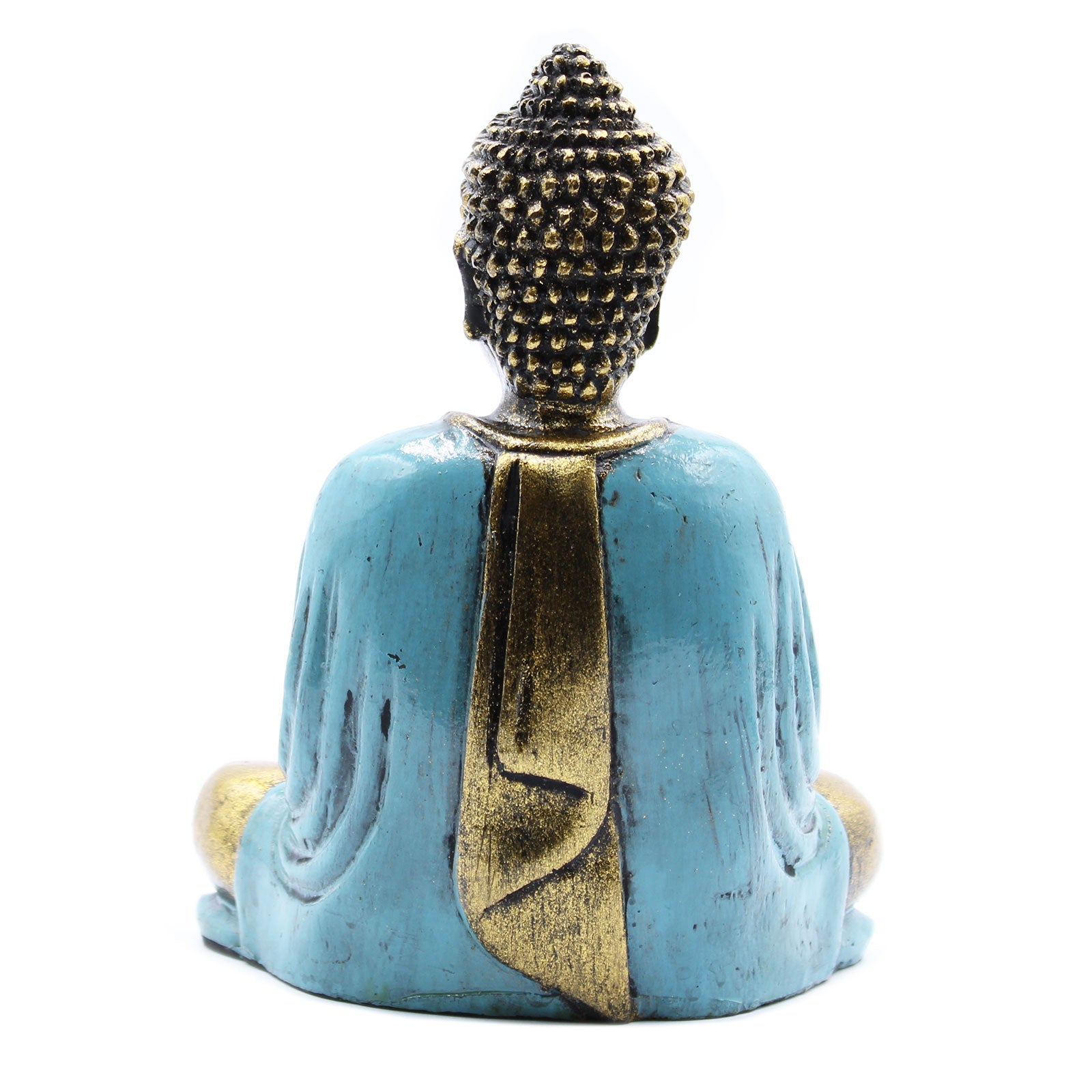 Add a touch of peace and serenity to your space with this exquisite Hand Painted Teal &amp; Gold Buddha Statue. back view
