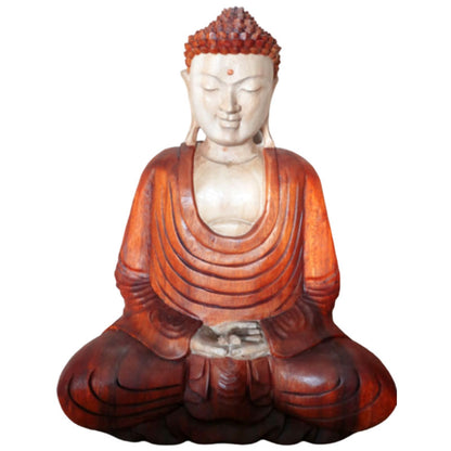 A hand-carved wooden Buddha statue in a meditative pose, with a natural wood finish.