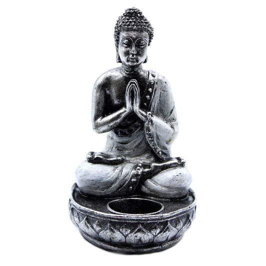 Hand Painted Buddha Candle Holder in White. Expertly crafted from durable resin and beautifully hand-painted by skilled Balinese artisans,