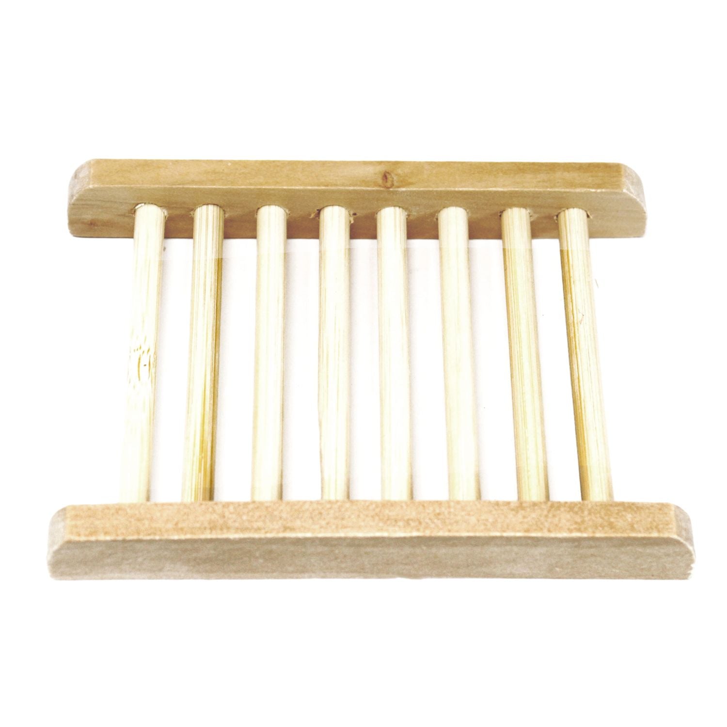 Wooden soap dish with vertical slats on a white background