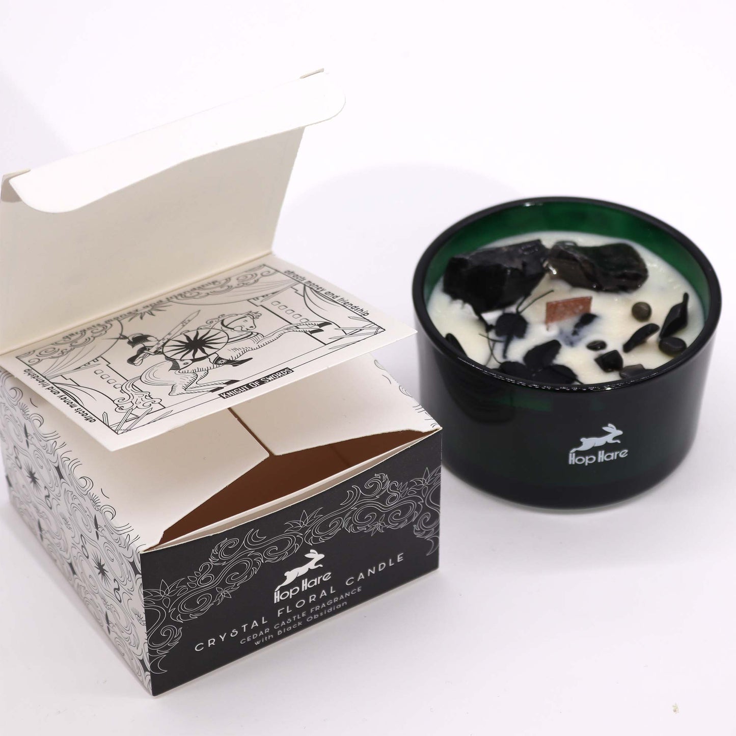 Housed in a striking dark green jar, the Hop Hare Crystal Magic Flower Candle boxed The Knight of Swords embodies determination, intellect, and fearless energy. 