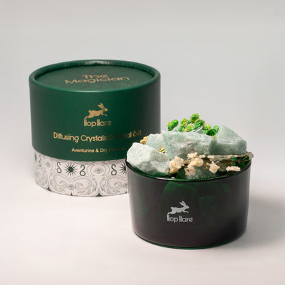 Diffusing crystals in a black container with 'The Magician' branding on a gray background