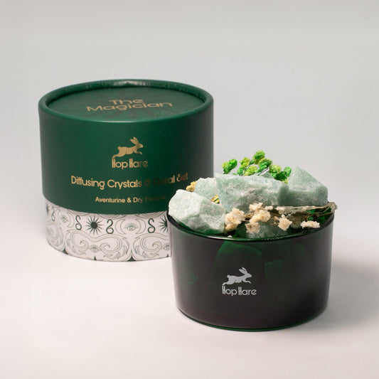 Diffusing crystals in a black container with 'The Magician' branding on a gray background