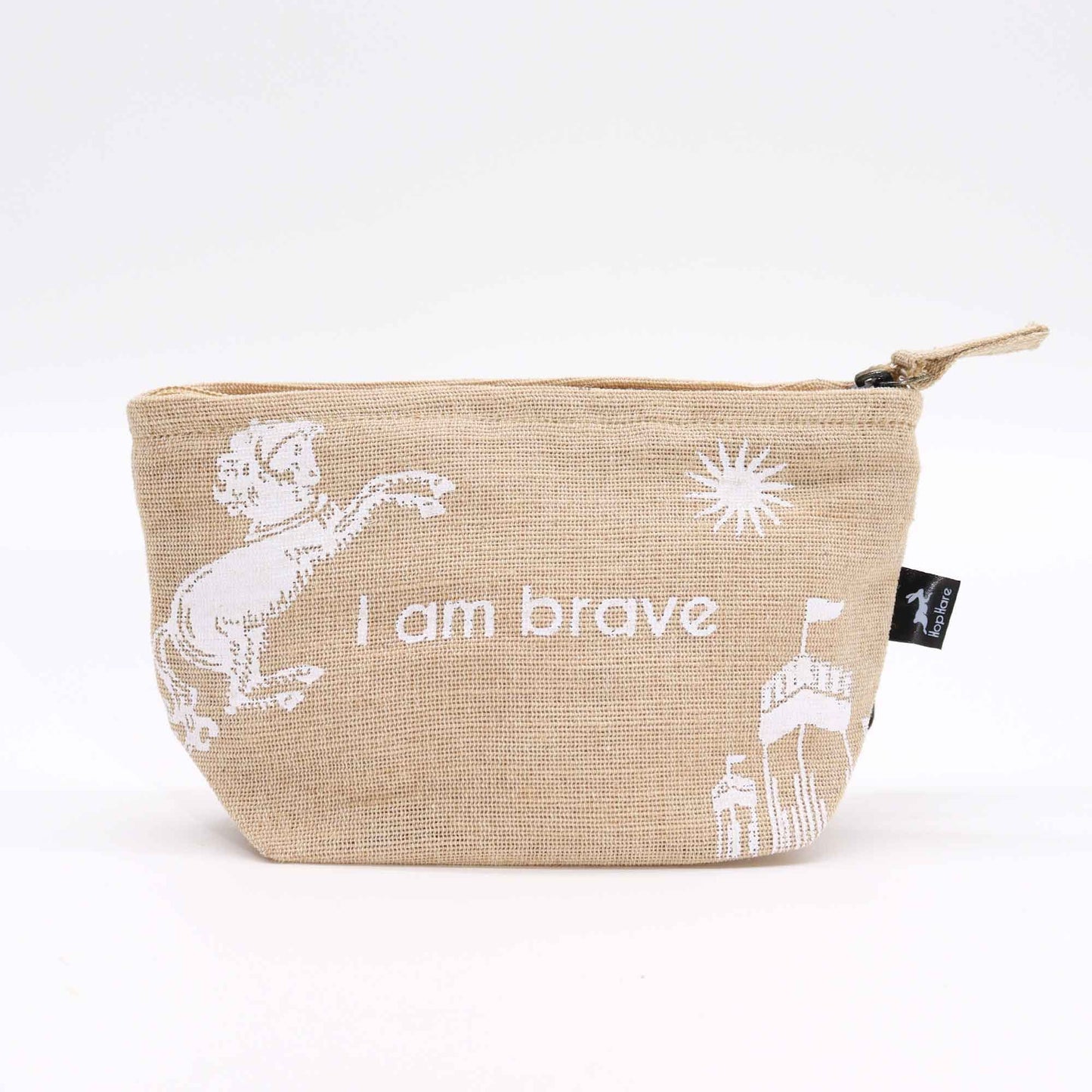 Beige pouch with white text and illustrations on a white background