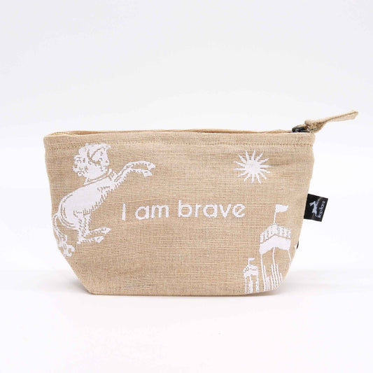 Beige pouch with white text and illustrations on a white background