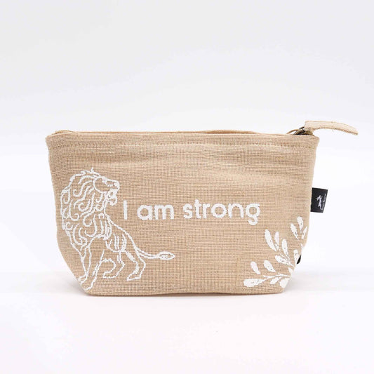 Beige pouch with a lion design and 'I am strong' text on a white background