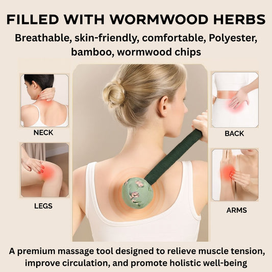 Massage tool with wormwood herbs for muscle tension relief, shown on a woman massaging her neck.