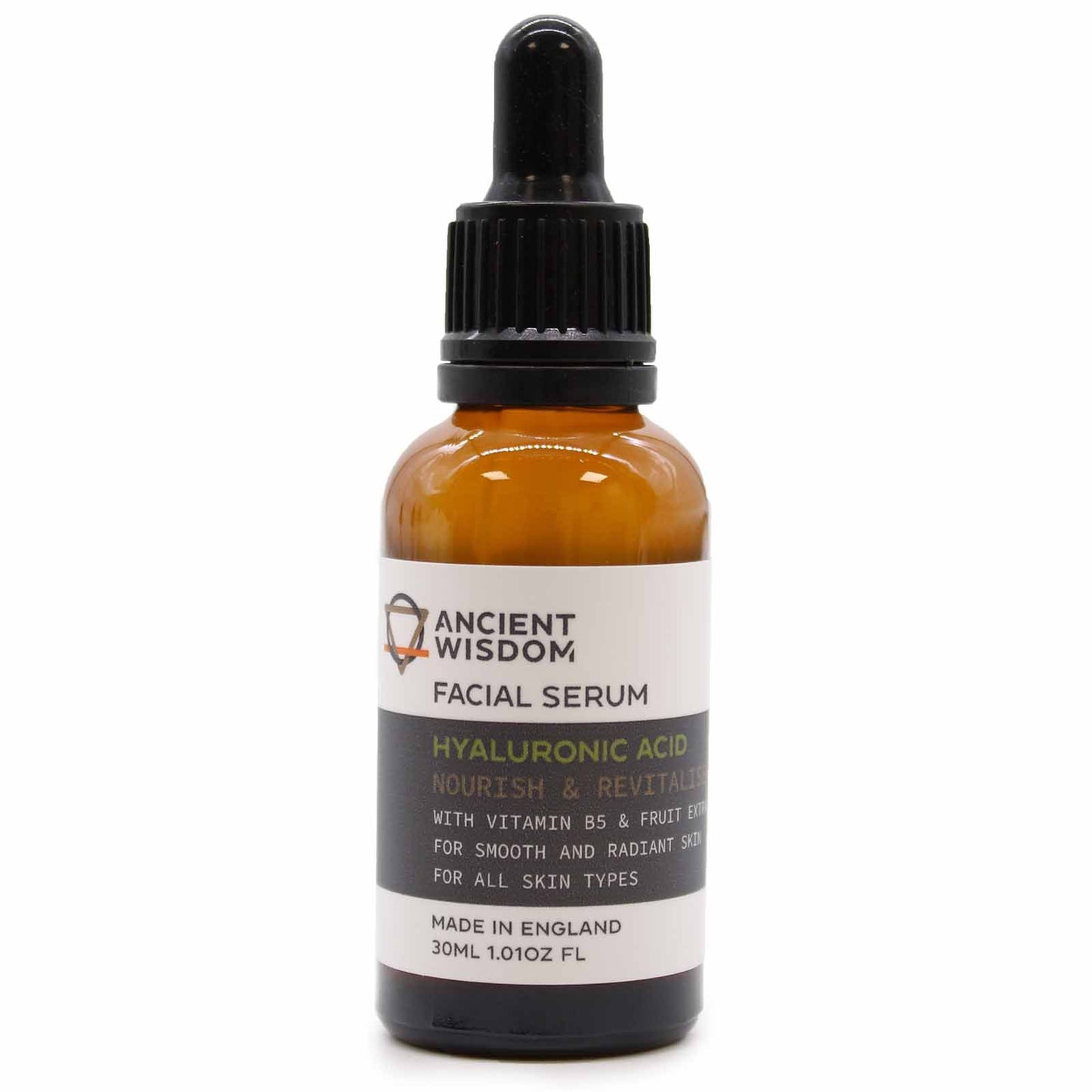 Facial serum bottle with dropper labeled 'Ancient Wisdom' on a white background