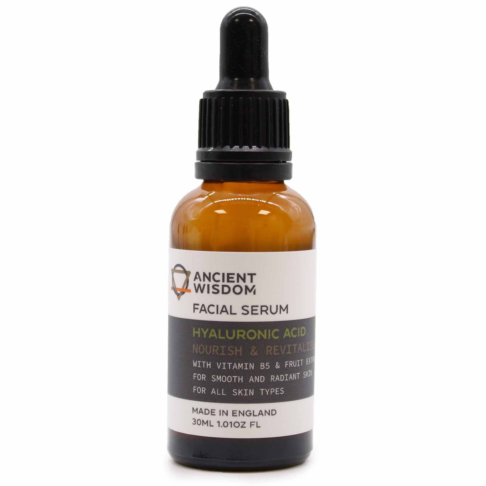Facial serum bottle with dropper labeled 'Ancient Wisdom' on a white background