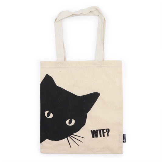 Tote bag with a black cat face and 'WTF?' text on a white background