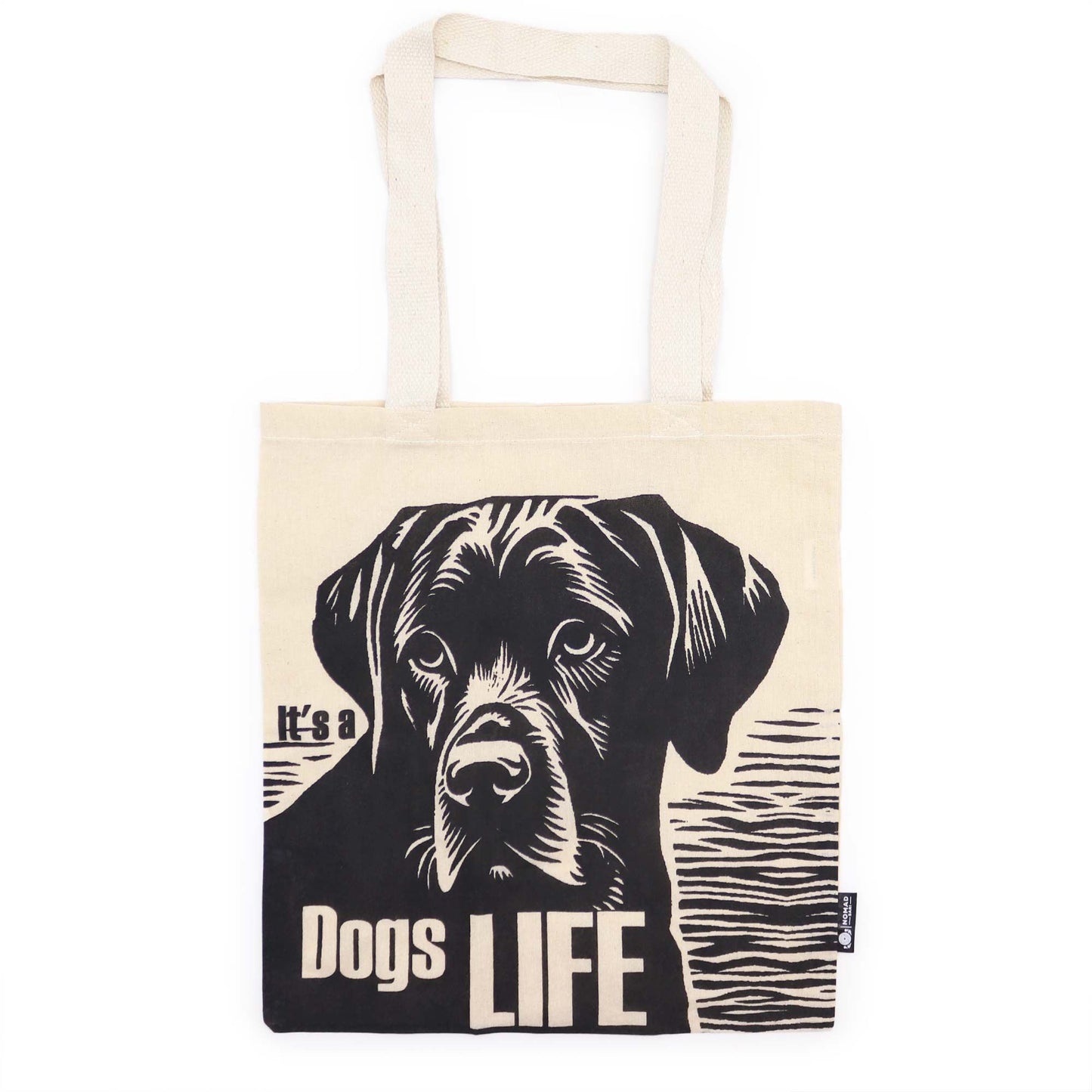 Tote bag with a black and white dog illustration and 'It's a Dogs Life' text on a white background