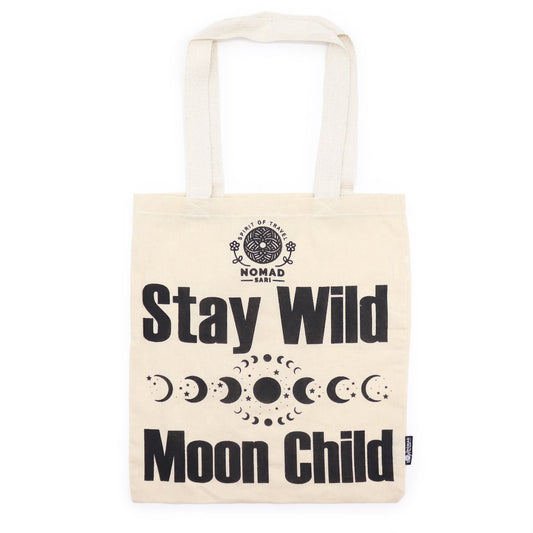 Beige tote bag with 'Stay Wild Moon Child' text and moon phases design on a white background