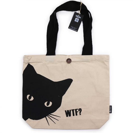 Beige tote bag with a black cat face design and 'WTF?' text on a white background